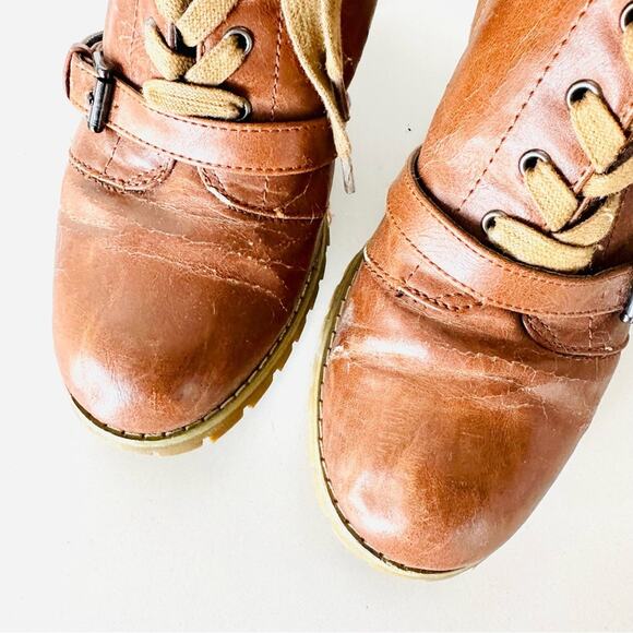 ANTHROPOLOGIE Brown Tan Lace Up Combat Booties Ankle Boot Buckle Zipper Heels 9 - Picture 5 of 16